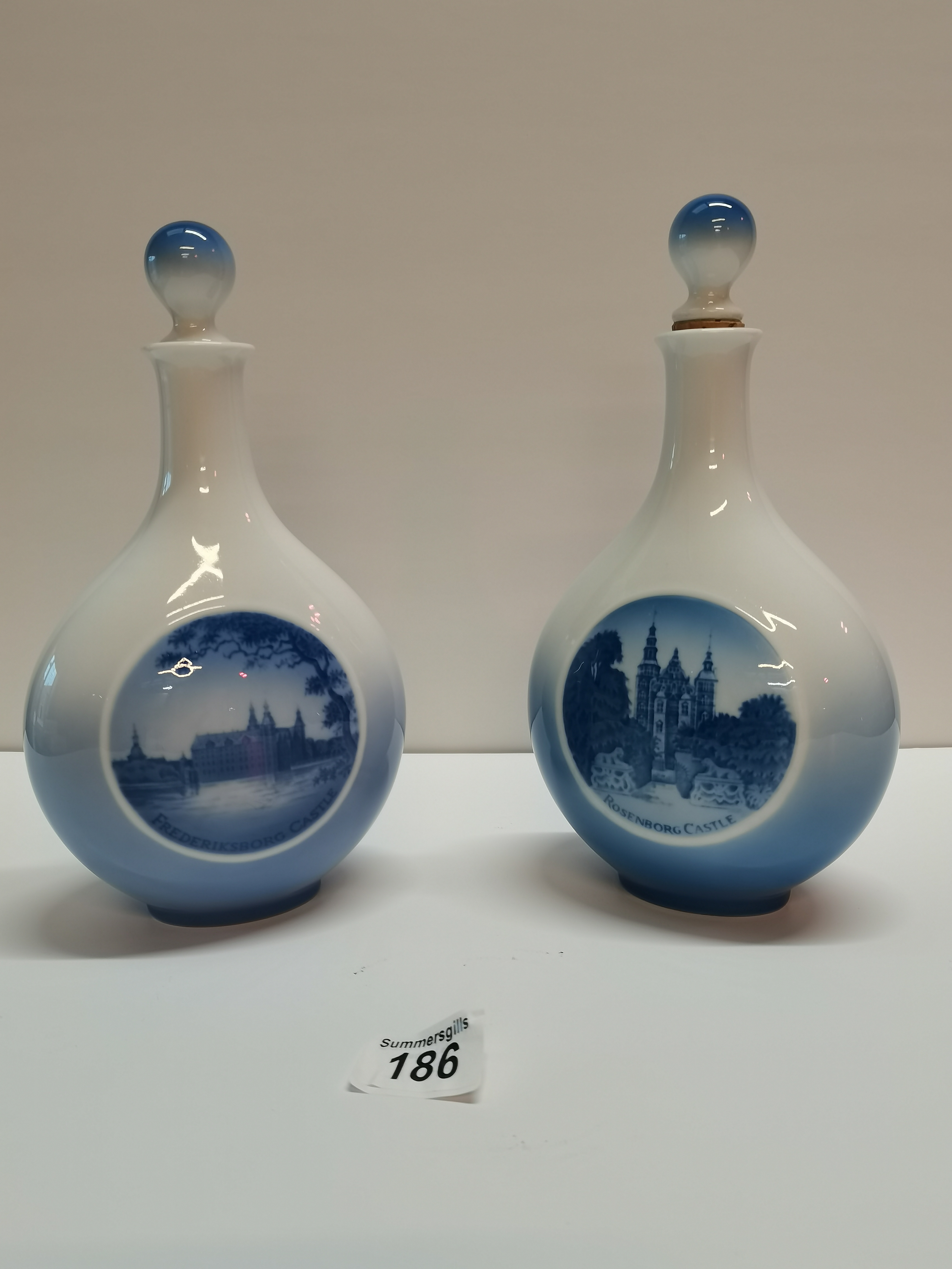 Pair of Vienna Style lidded vases 11cm ht plus Two Royal Copenhagen Decanters