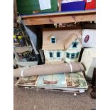 Dolls house, boxed dolls, model boat, keyboard, clock