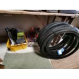 6 x new Oxford Bicycle tyres plus 2 x boxes outdoor items - head torches, padlocks etc