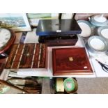 Writing Slope, Inlaid sewing box with some contents and Boxed cutlery