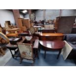 Misc furniture incl sideboard, 4 tables, x2 corner wall units and fire screens