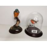 2 x bird figures - one in glass dome