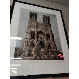 A coloured engraving of Cathedrale Note Dame de Reims France 85cm x 65cm signed ...