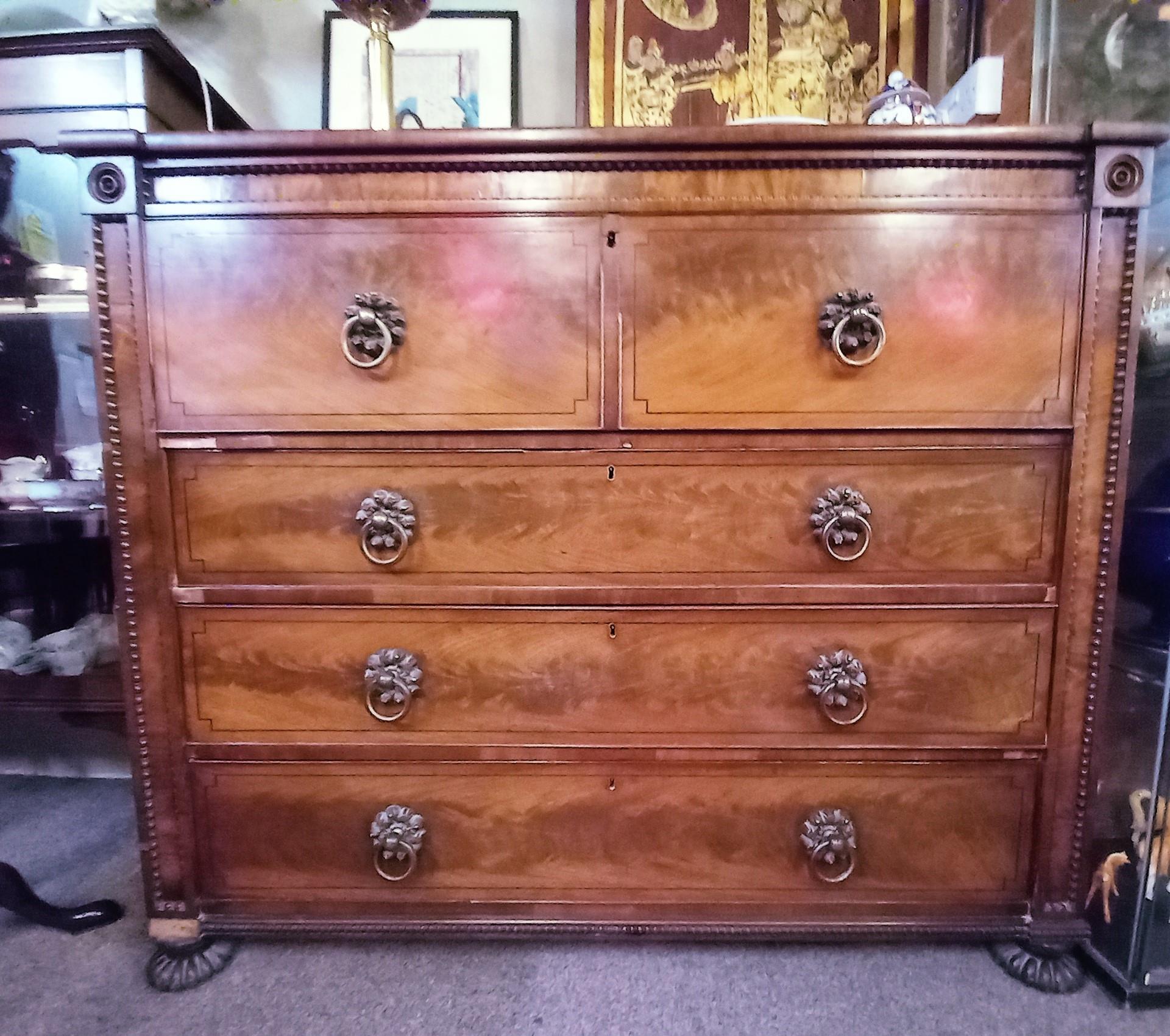 Large mahogany chest of drawers some damage (missing beading in drawer)