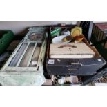 Box of vintage items plus wall clock