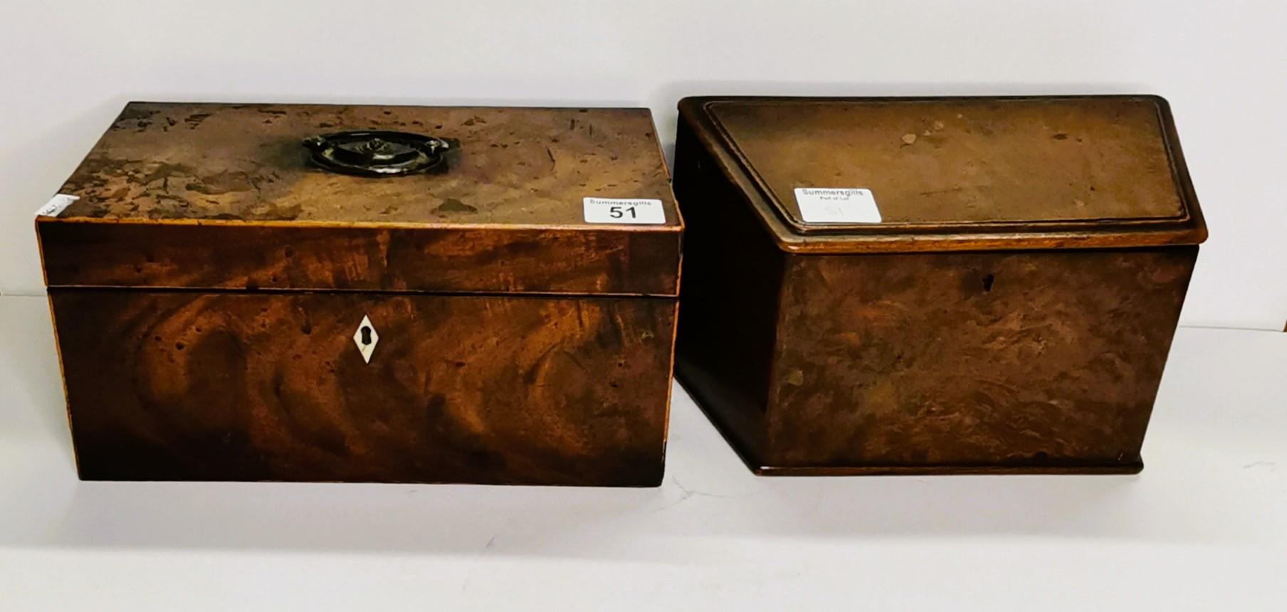 Mahogany tea caddy with brass handle plus Walnut stationary box