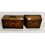 Mahogany tea caddy with brass handle plus Walnut stationary box