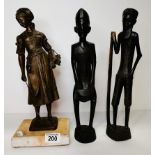 x2 Black tribal figures and a Bronze French peasant figurine