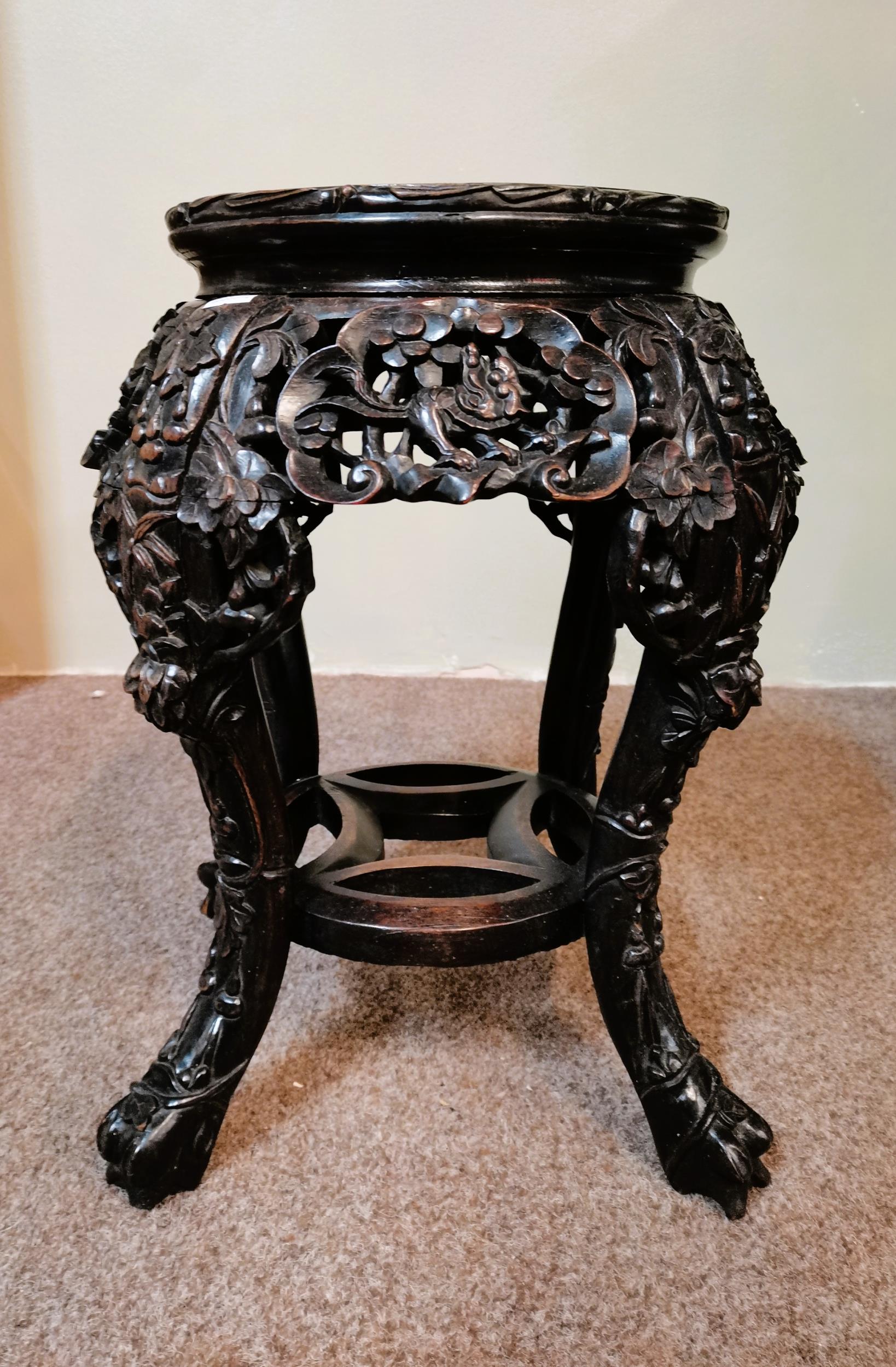 Antique Chinese rosewood carved squat plant stand with dragon decoration good condition 48cm - Image 3 of 3