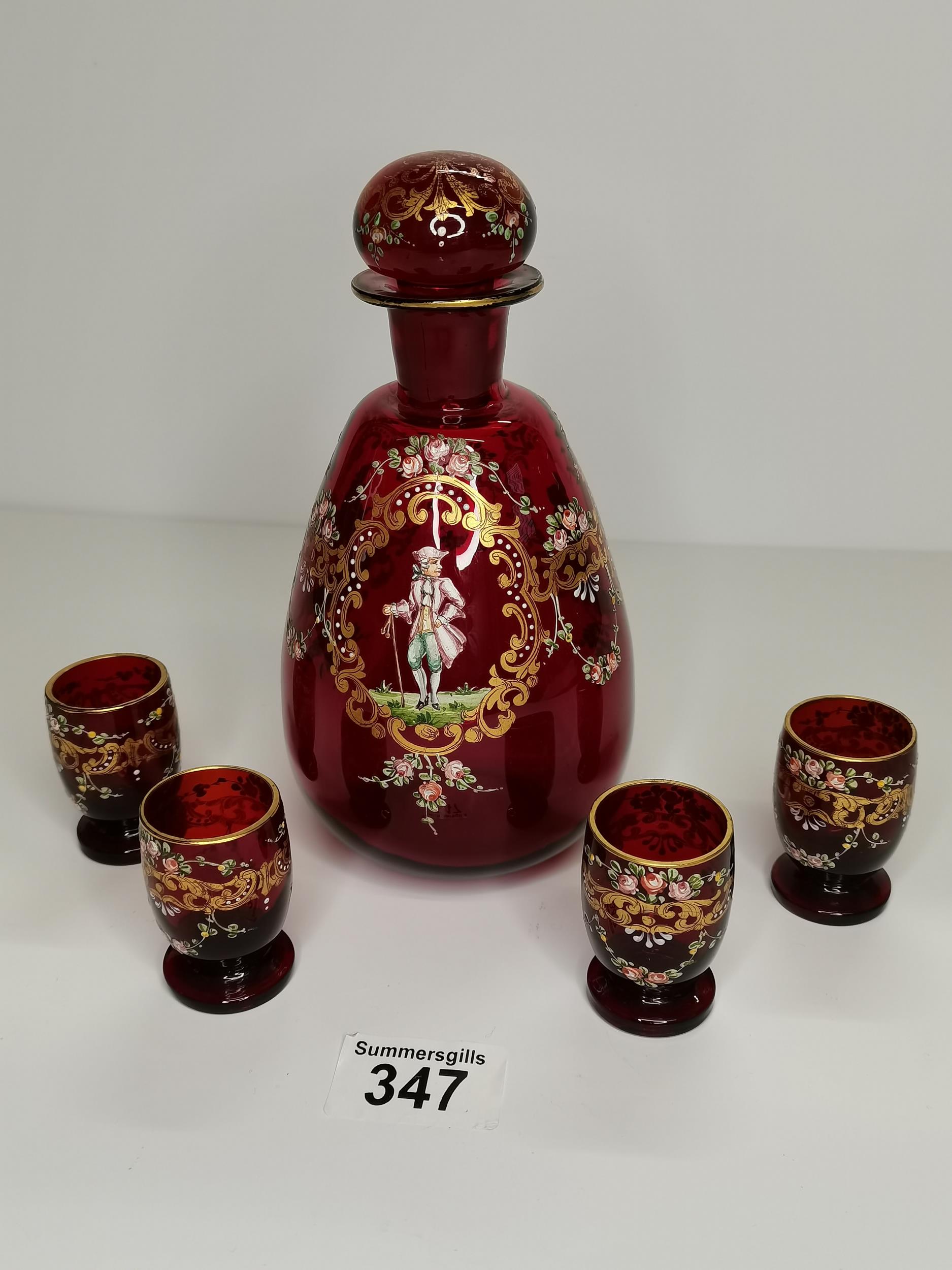x1 Red glass decanter with x4 matching liquor glasses