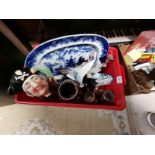 Box with Doulton Character jug, large blue and white meat plate, tankards etc