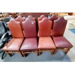 x 8 Antique Oak and heritage leather Cromwellian high back dining chairs