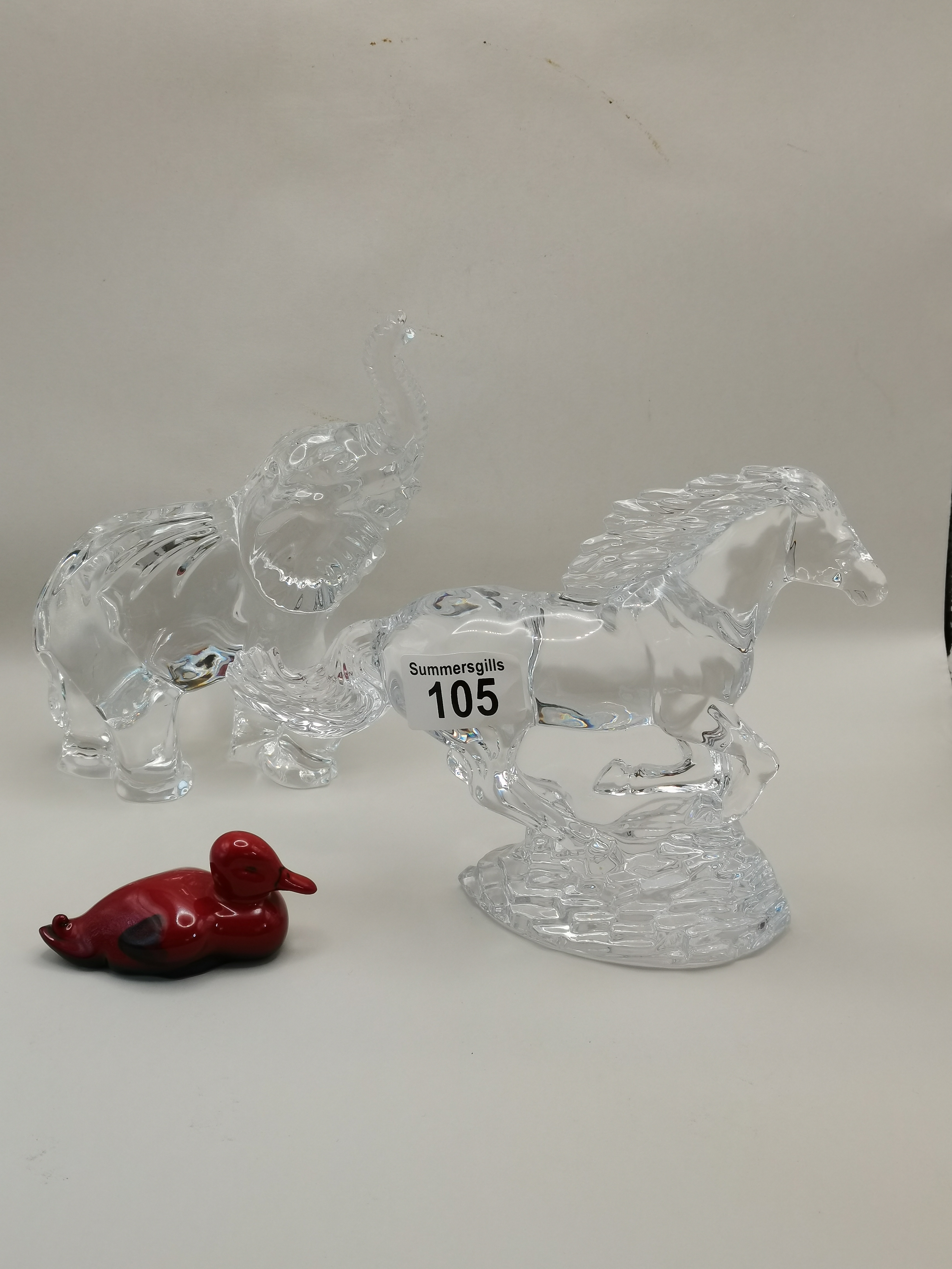 Waterford Chrystal Elephant (slight damage) and horse plus royal Doulton Flambe Duck