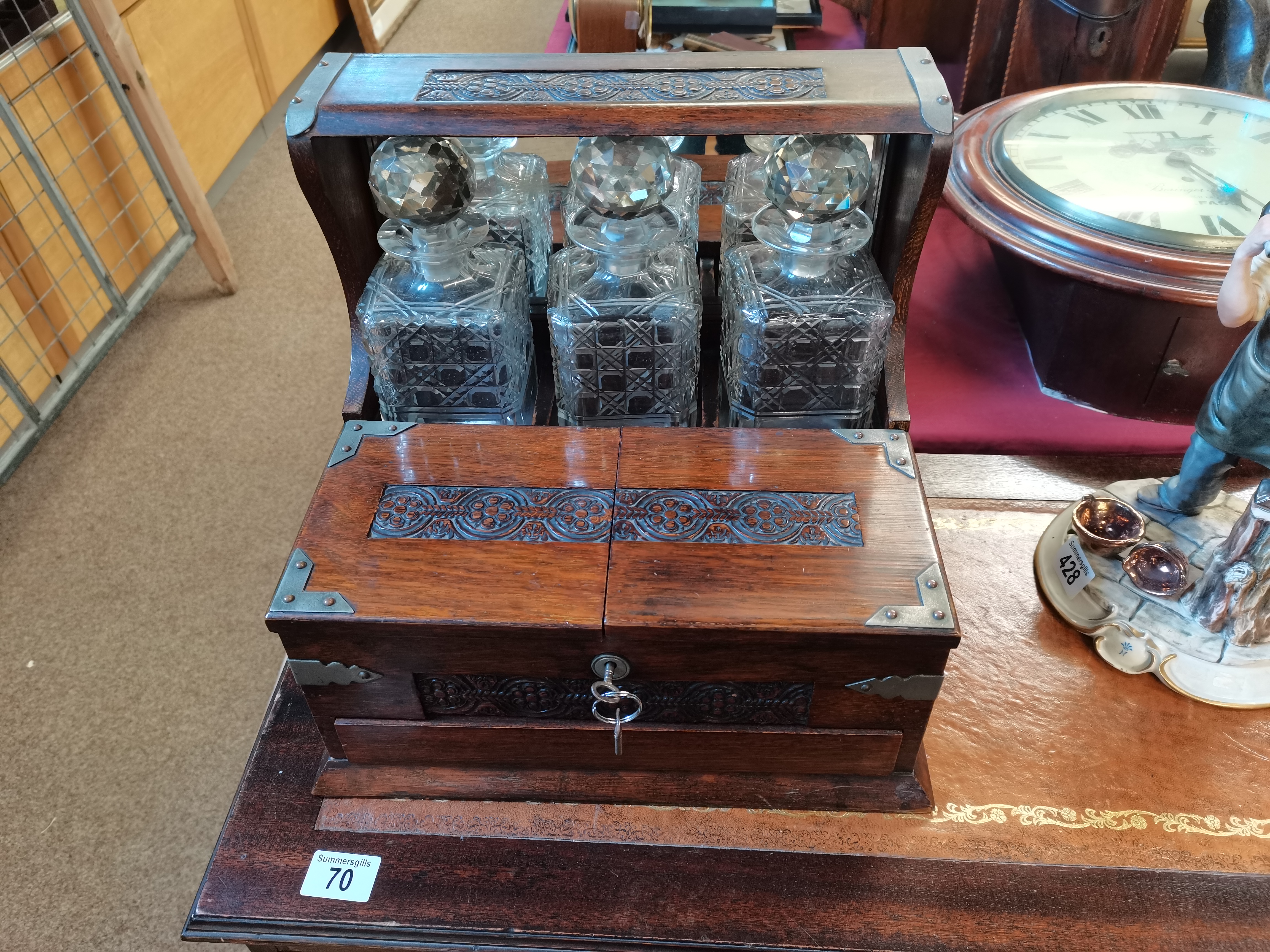 Antique oak tantalus (2 x bottles chipped )