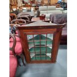 Antique Mahogany corner wall display cabinet plus occasional table and tea caddy