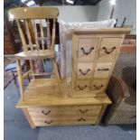 Oak coffee table with drawers with matching side drawer unit plus oak kitchen chair