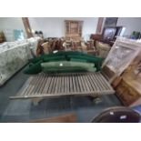 Teak sun lounger and x4 rattan and wood garden chairs plus cushions