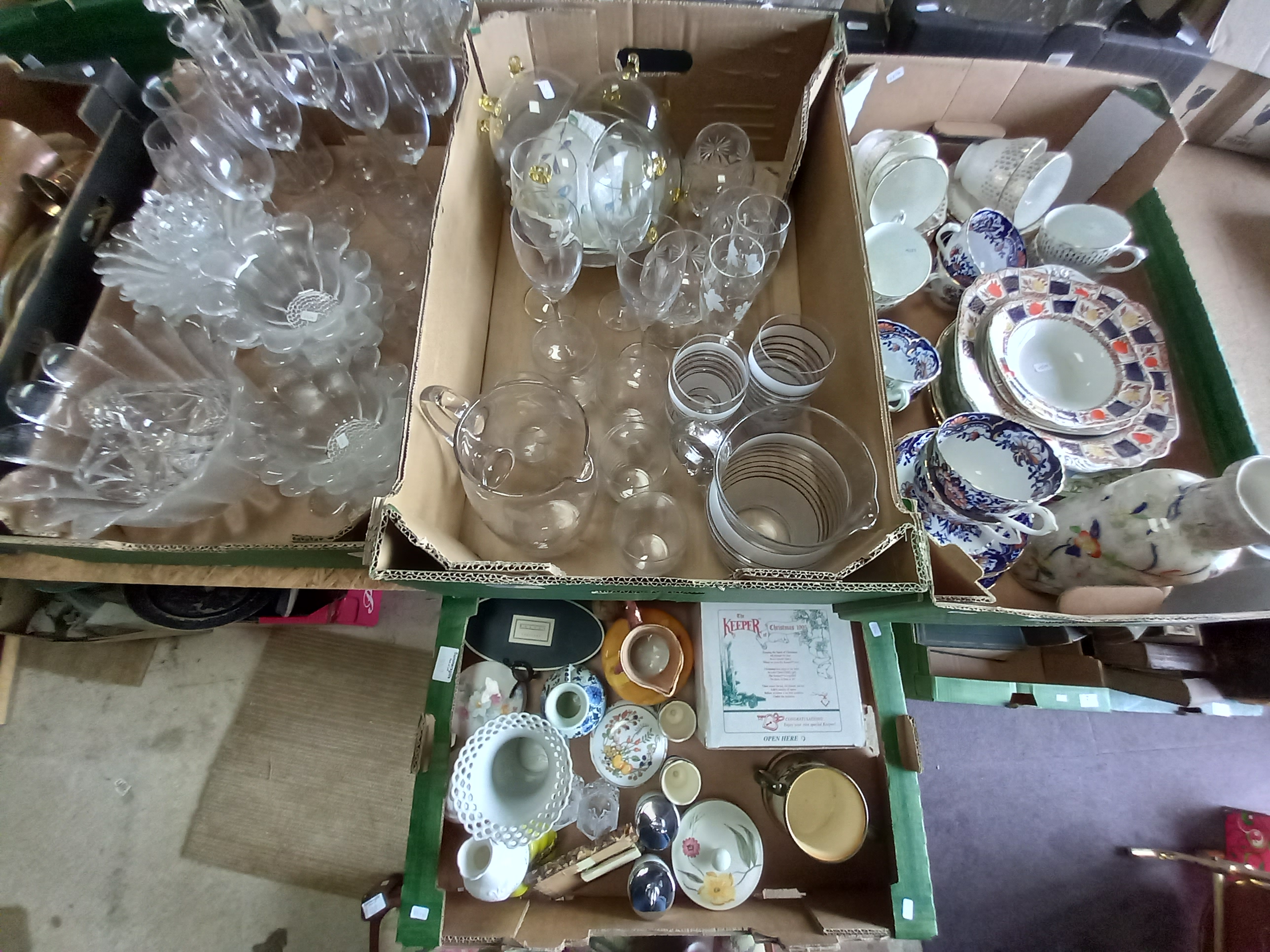 4 x boxes glass vases, retro glassware, tea sets, plates etc