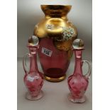 Pair of Mary Gregory Wine decanters plus Bohemian painted glass vase