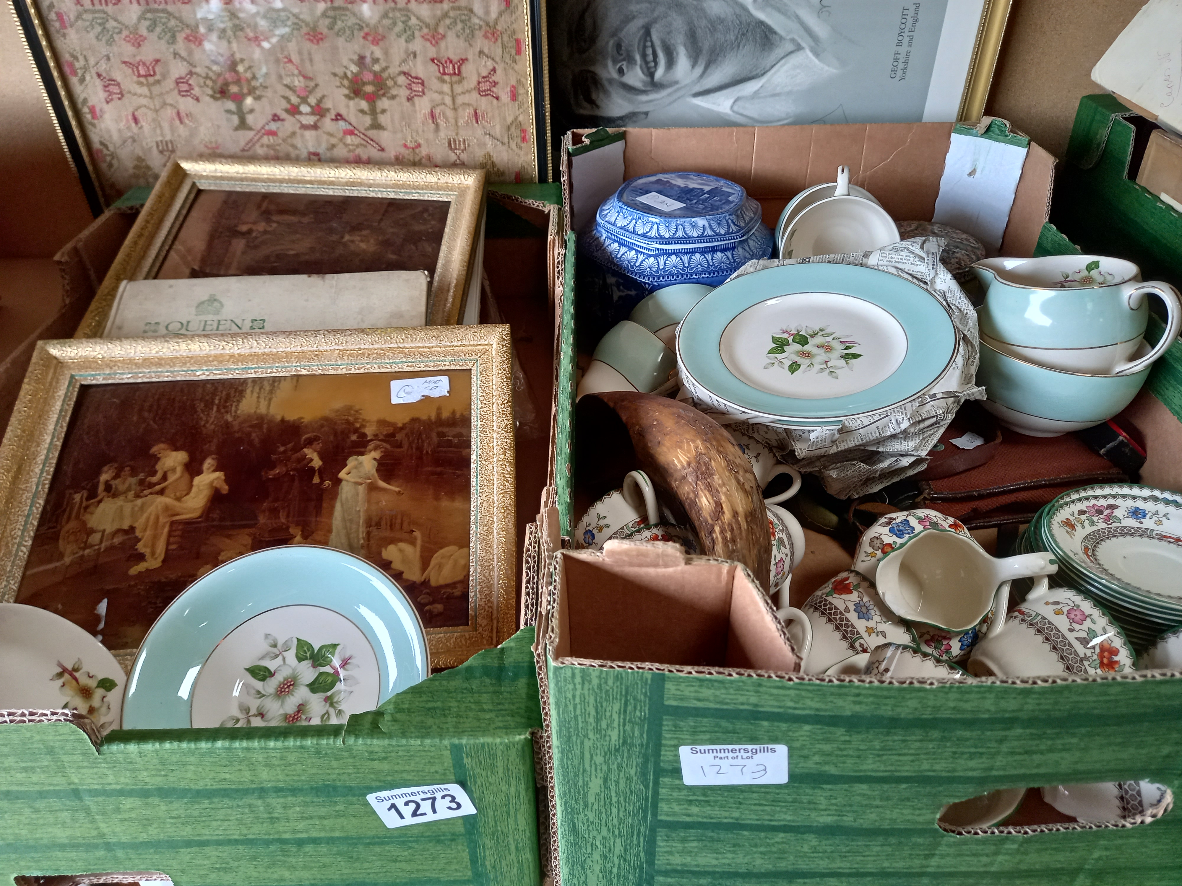 2 x boxes misc. items incl framed sampler, copeland china etc