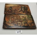 An early pair of painted plaques on board of medieval style scene 21cm x 14cm