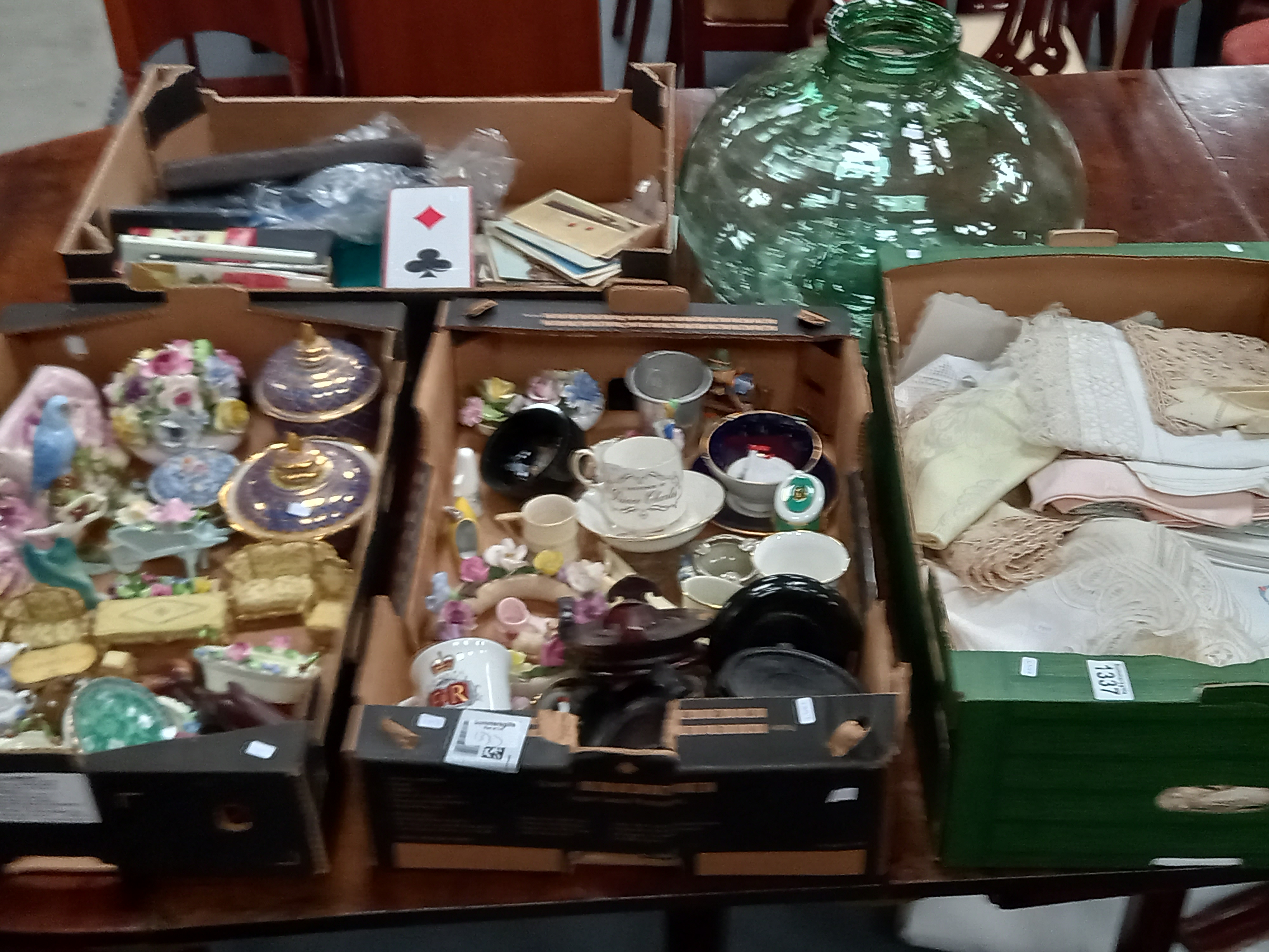 4 x boxes misc. items incl antique linen and lace, green glass vase, vintage postcards,