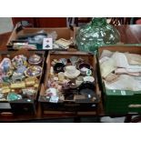 4 x boxes misc. items incl antique linen and lace, green glass vase, vintage postcards,
