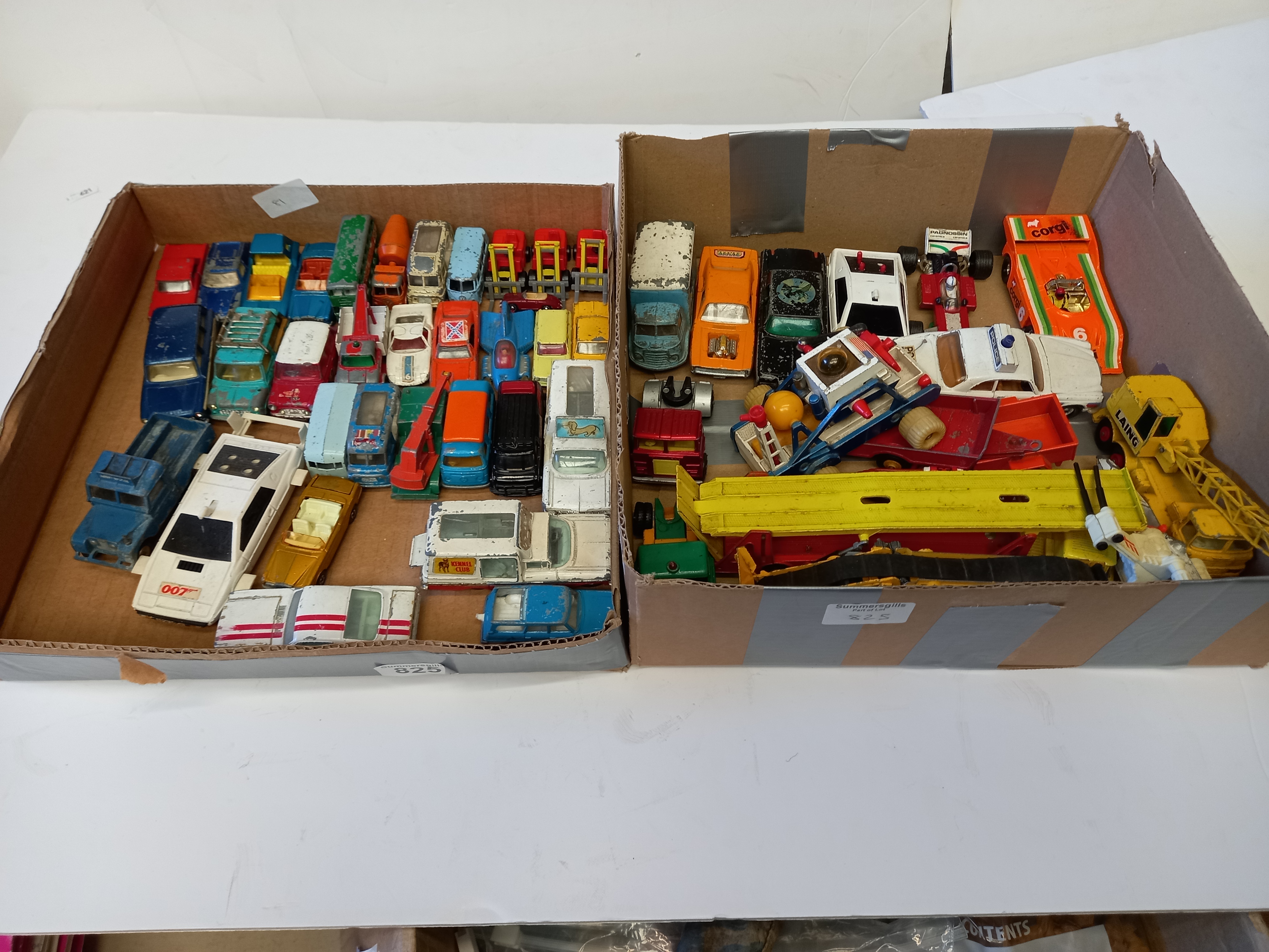 2 Boxes of Dinky, Matchbox and Corgi Diecast Play worn Vehicles