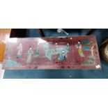 Oriental glass topped coffee table 122cm x 43cm.