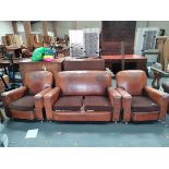 Art deco style 3 pce suite in brown leather