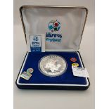 Euro 1996 5 oz silver coin in case plus 3 euro badges