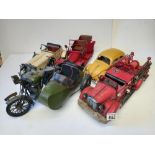 4 Large Tin Plate Cars and a Motorcycle and Sidecar