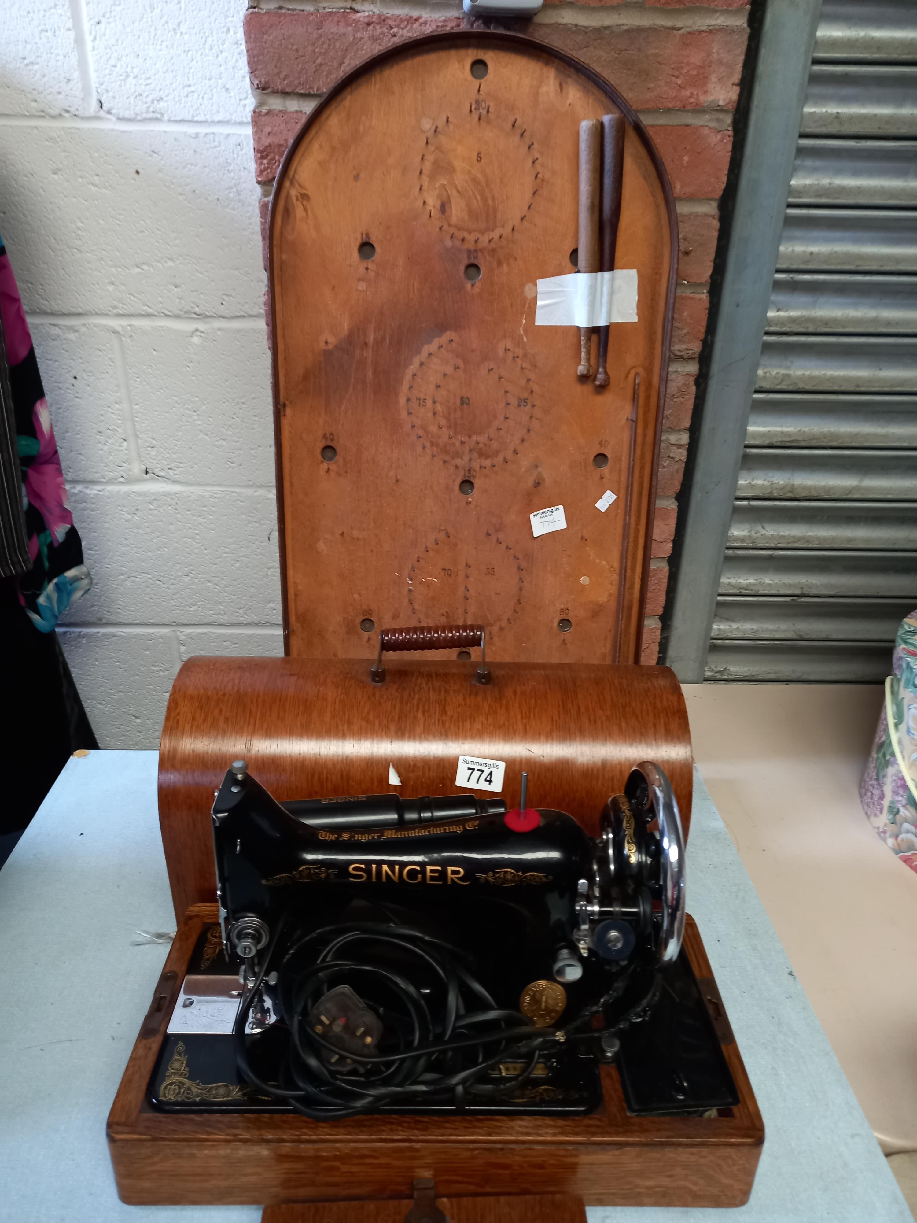 Singer Sewing Machine in Wooden Case with Box of Accessories plus Bagatelle