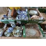 5 x boxes misc. items incl blue and white, meat plates etc