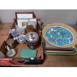 Misc items incl vintage trays, canteen of cutlery, glass vase etc
