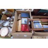 3 x boxes misc. items plus Music in stand incl vintage books, Burslem pottery, early books inc etc