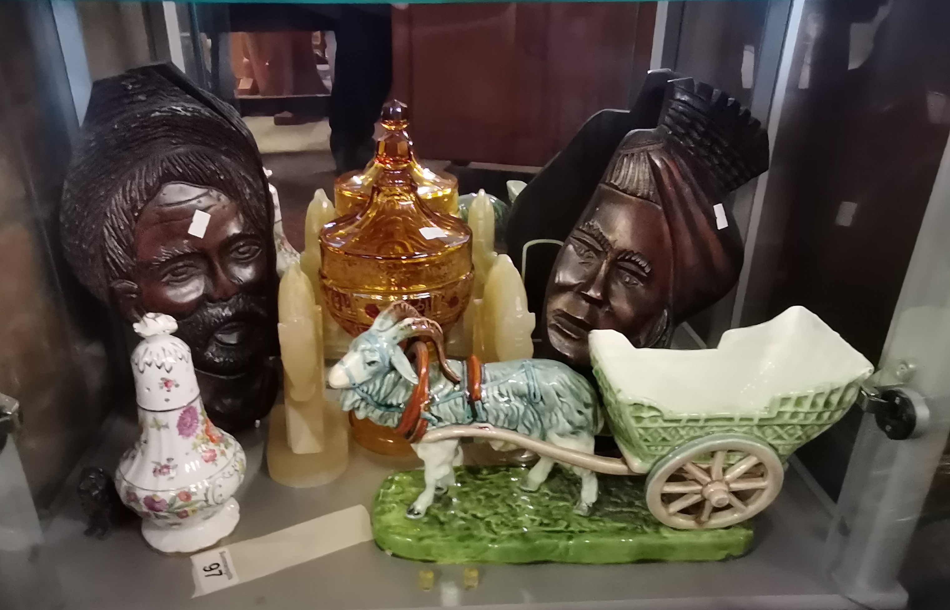 Amber glass Bon bon jar, Goat and cart figurine, plus others