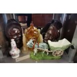 Amber glass Bon bon jar, Goat and cart figurine, plus others