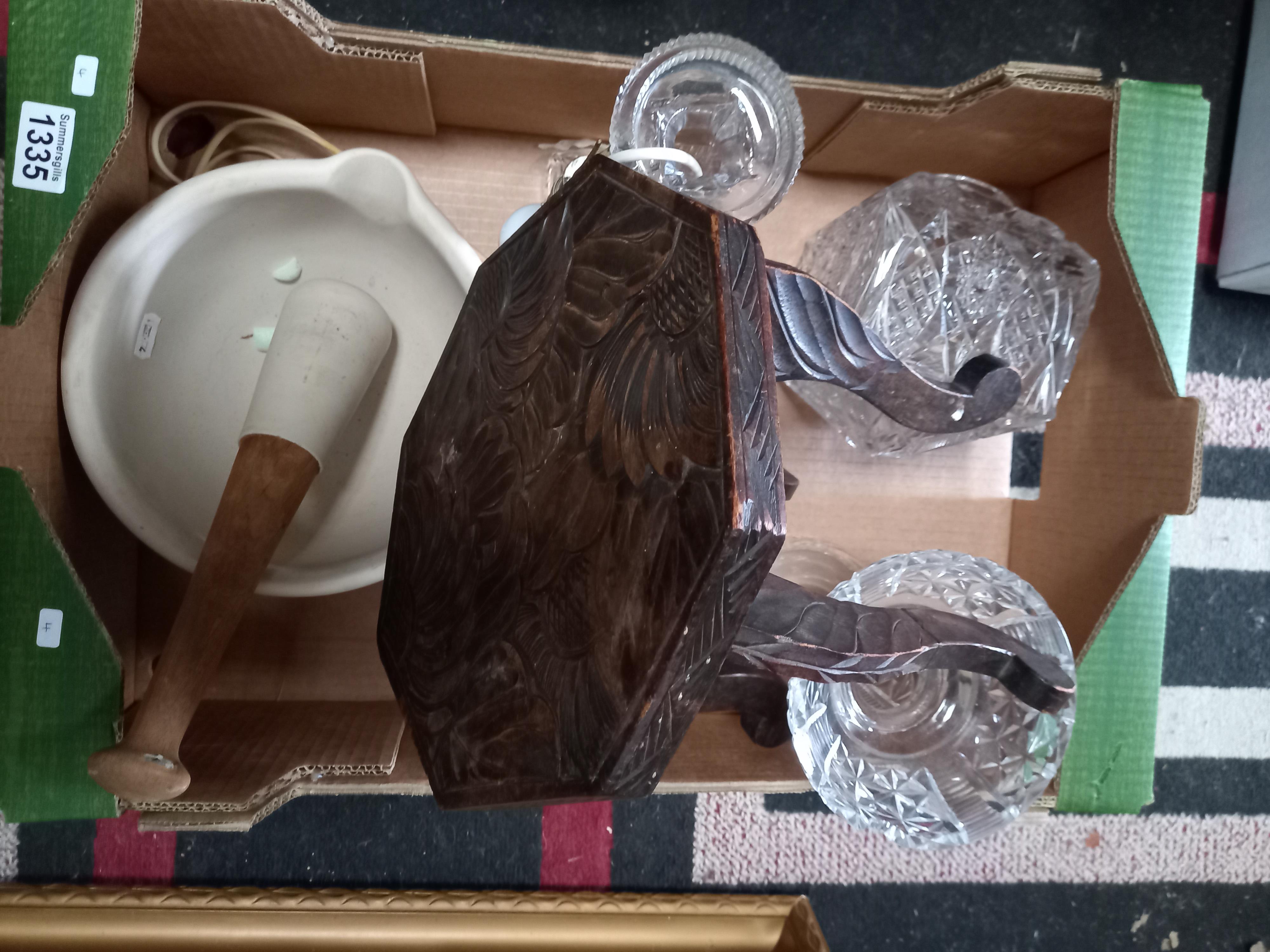 1 box misc. items incl pestle and mortar, carved stool and 2 x cut glass lamps