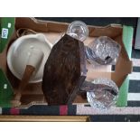 1 box misc. items incl pestle and mortar, carved stool and 2 x cut glass lamps
