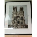 A signed coloured engraving of Cathedral Note Dame de Reims France