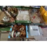 4 x boxes misc. items incl enamel bread bin, lace, brass and copper, glassware etc