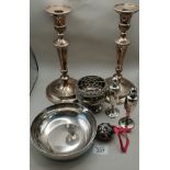 Silver plated Candle sticks, condiment set and bowls
