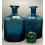 x 2 Blue Glass vases and green paperweight
