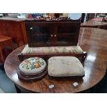 3 x mahogany footstools plus small mahogany wall display cabinet