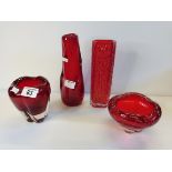 X3 Red Glass vases plus x1 Red Glass Bowl