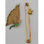 Gold plated butterfly brooch and fox brooch