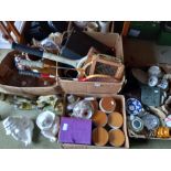 4 x boxes misc. items incl vintage tennis raquets, Barometer, storage jars etc