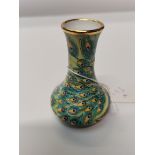 Moorcroft enamel vase 8cm high ex con. with peacock decoration
