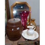 Misc items incl jug and bowl set, mirror, ceramic barrel etc